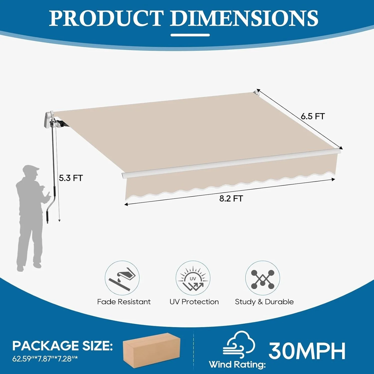 Patio Awning Manual Retractable Sun Shade Canopy Outdoor Deck Shelter 3 Size - Image 43