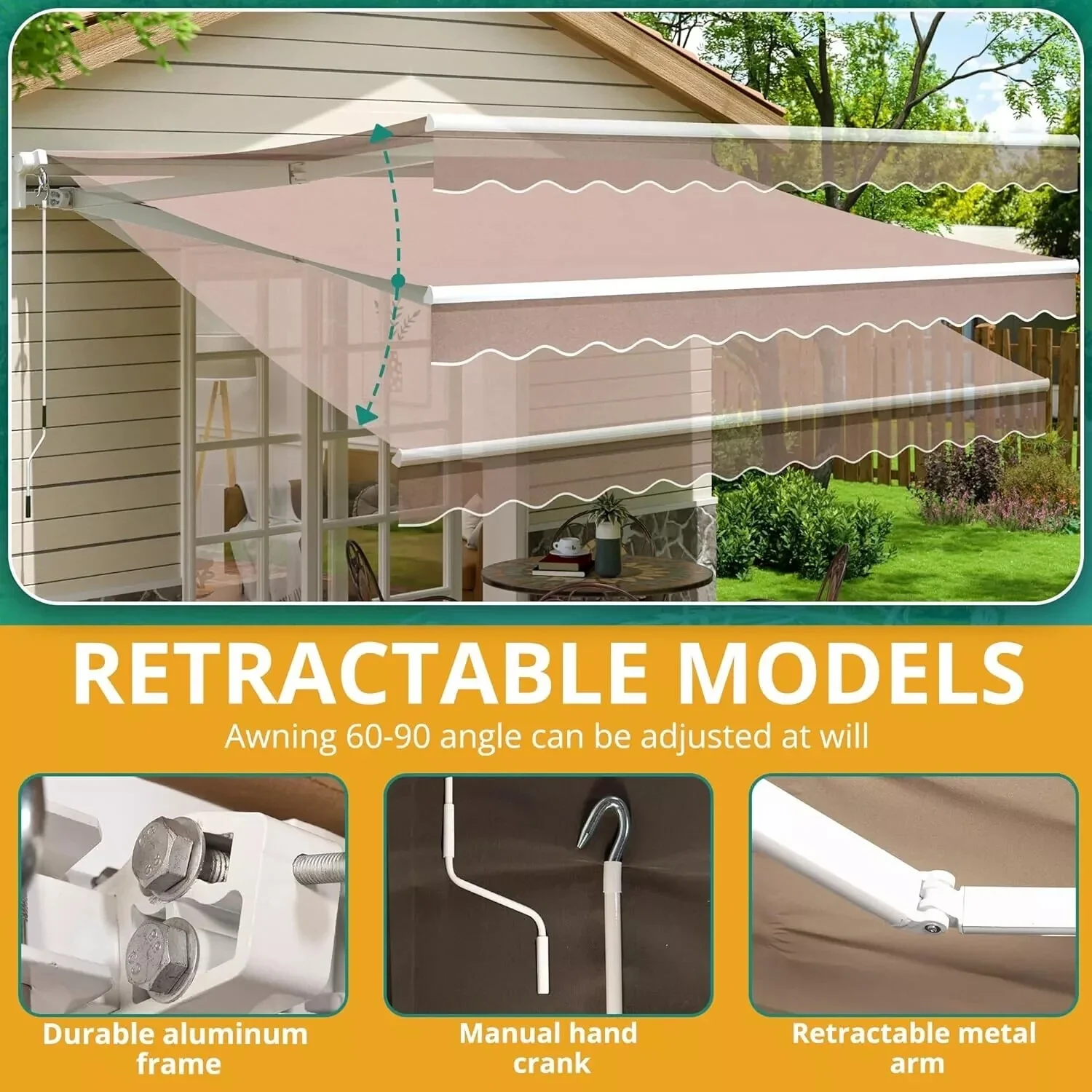 Patio Awning Manual Retractable Sun Shade Canopy Outdoor Deck Shelter 3 Size - Image 60